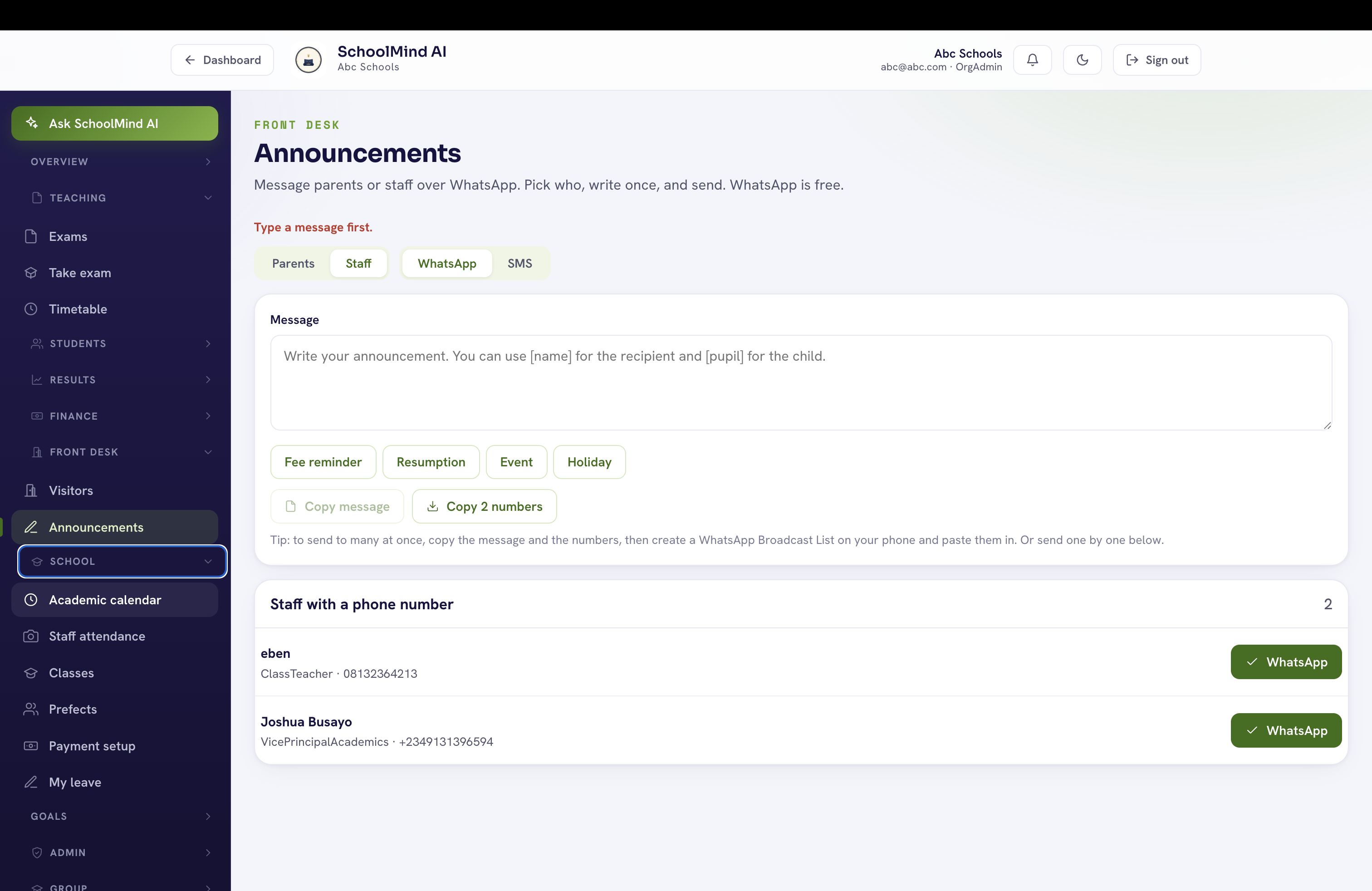 SchoolMind AI Announcements screen for messaging parents and staff over WhatsApp and SMS, with fee reminder, resumption, event and holiday templates