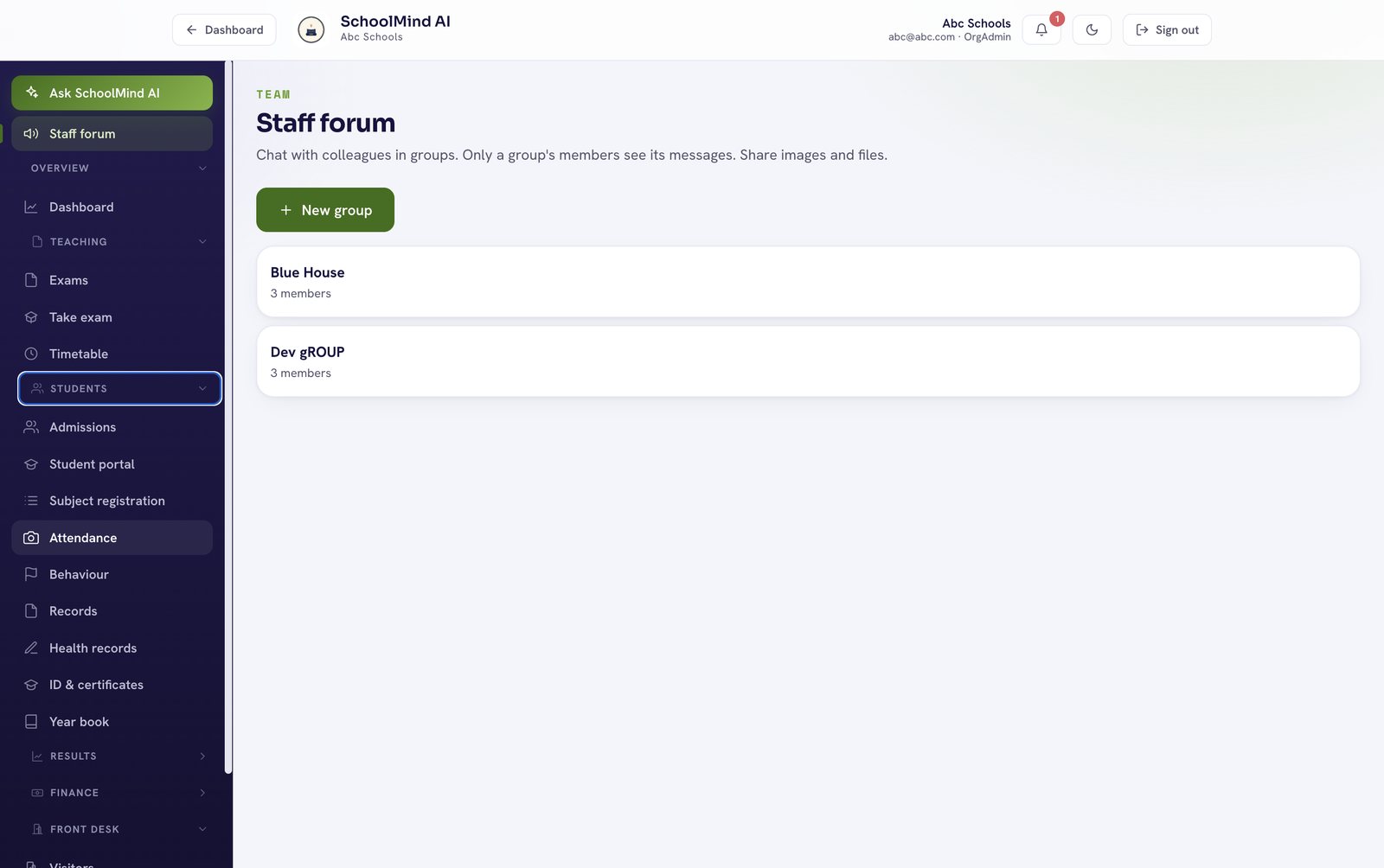 SchoolMind AI Staff forum showing members-only chat groups such as Blue House and Dev group, where only a group's members see its messages and can share images and files